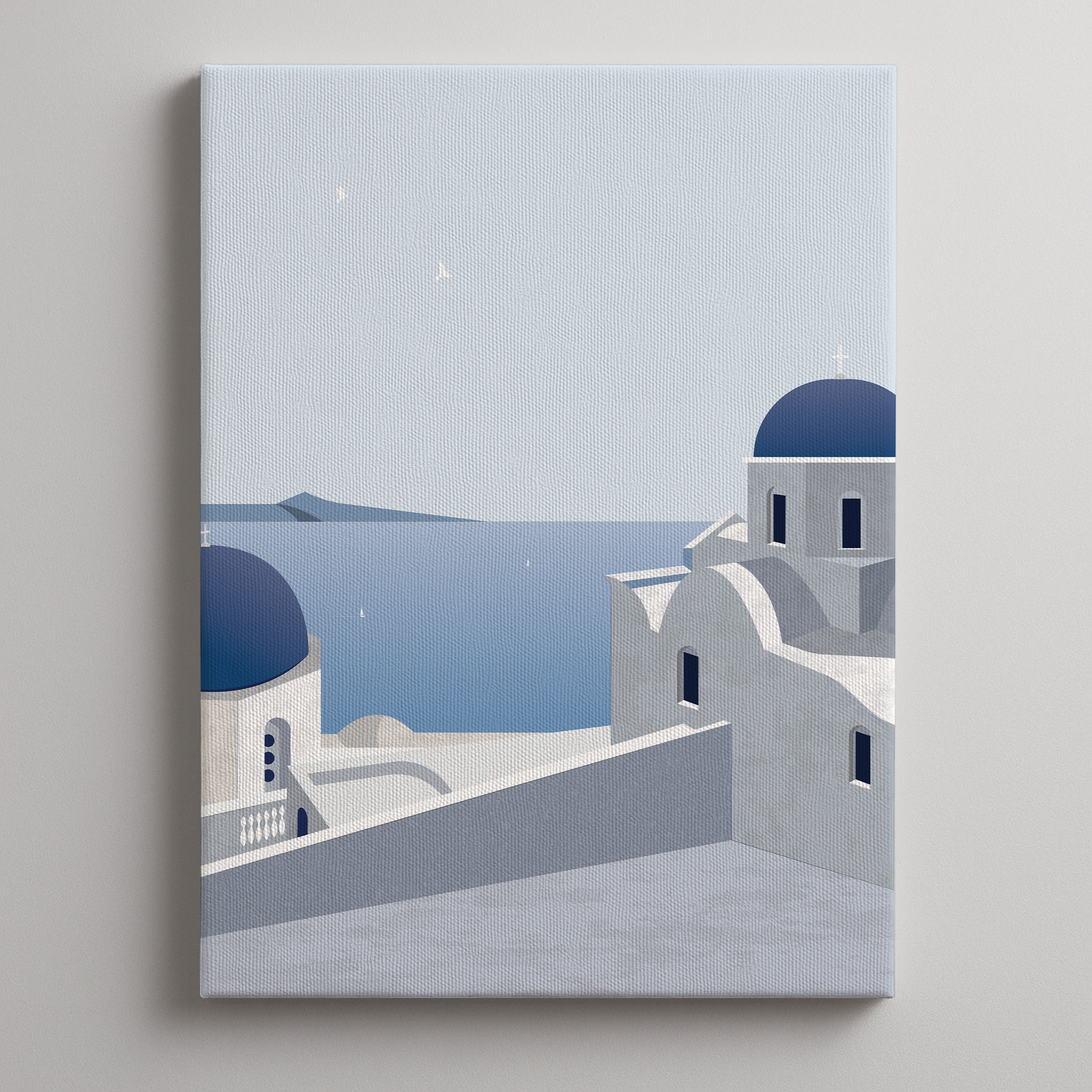 Digitalni art print Santorinija s plavim kupolama i belom arhitekturom, ilustracija mediteranske letnje atmosfere