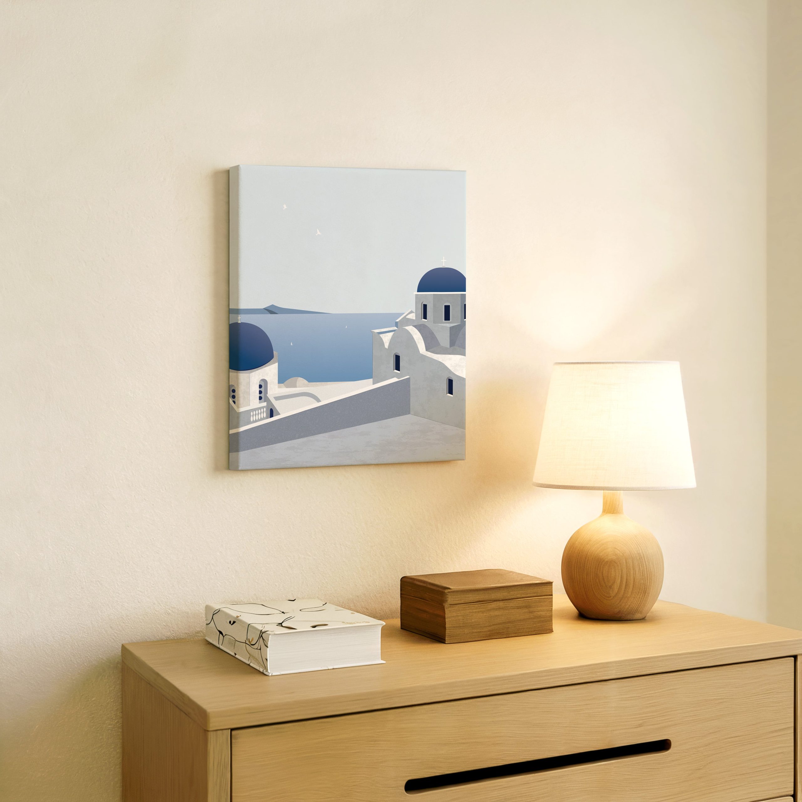 Digitalni art print Santorinija s plavim kupolama i belom arhitekturom, ilustracija mediteranske letnje atmosfere