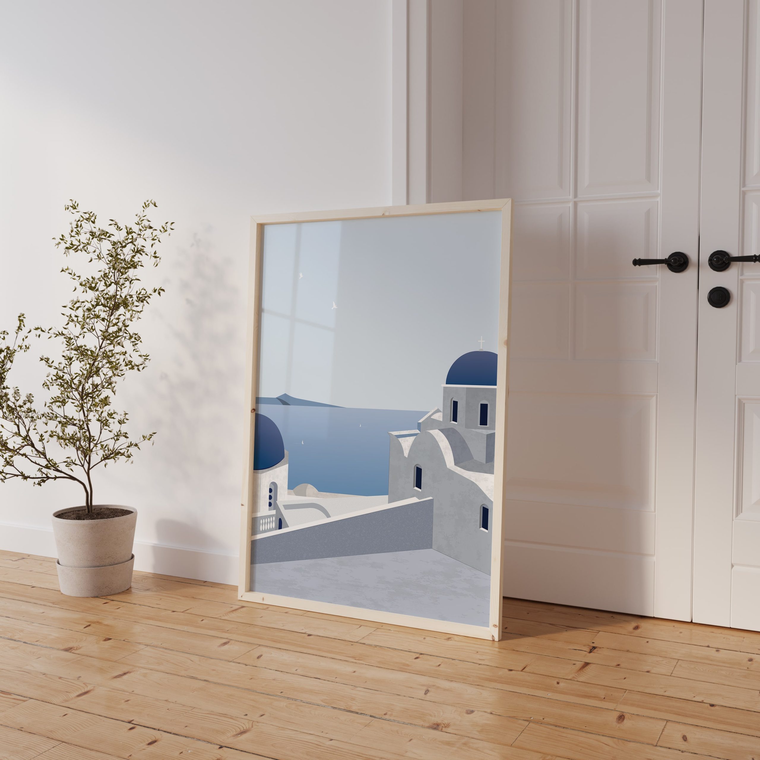 Digitalni art print Santorinija s plavim kupolama i belom arhitekturom, ilustracija mediteranske letnje atmosfere