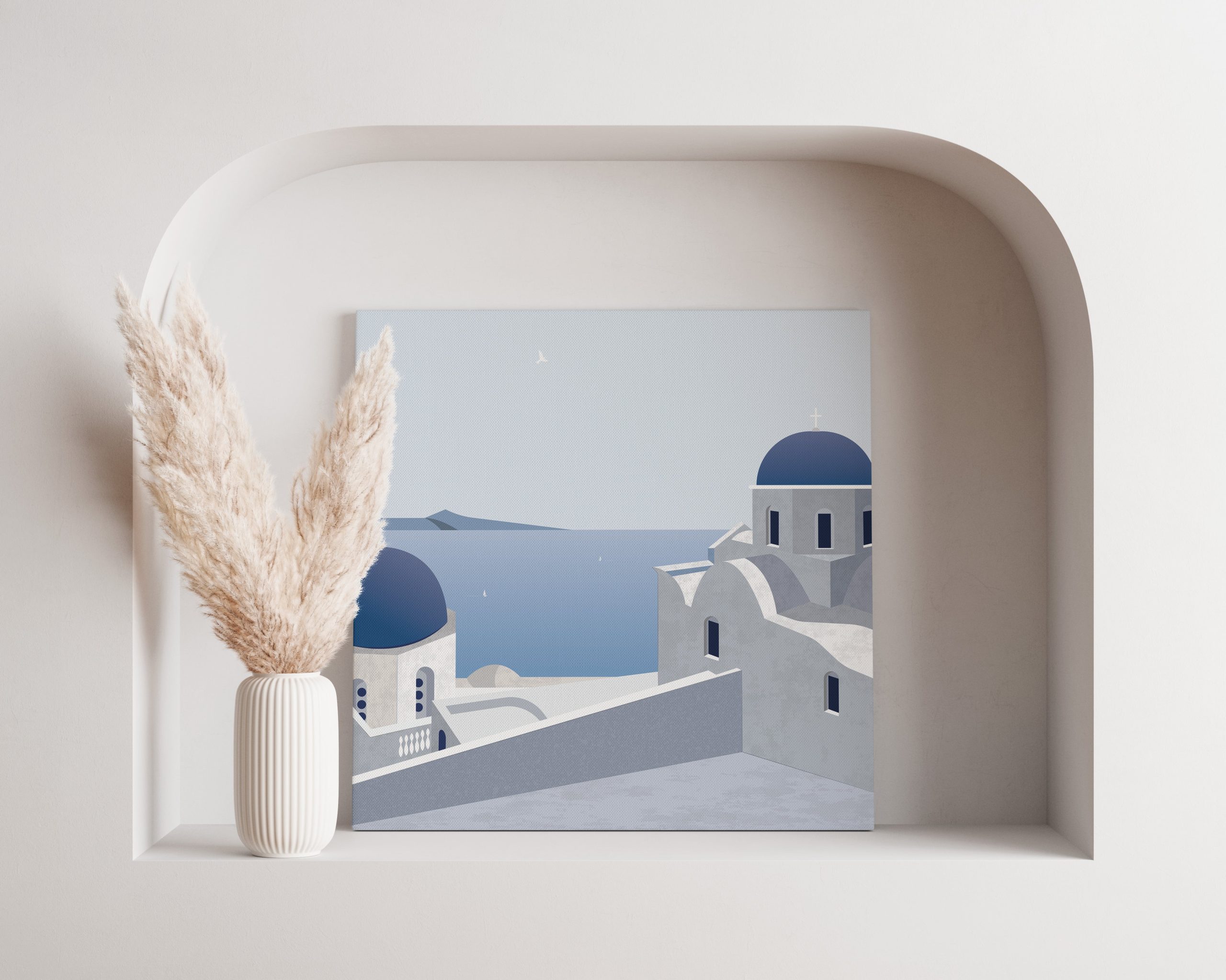 Digitalni art print Santorinija s plavim kupolama i belom arhitekturom, ilustracija mediteranske letnje atmosfere