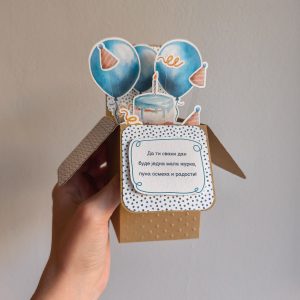 Personalizovana rodjendanska 3D cestitka u plavim tonovima sa tortom, balonima i kapicama, idealna za decake