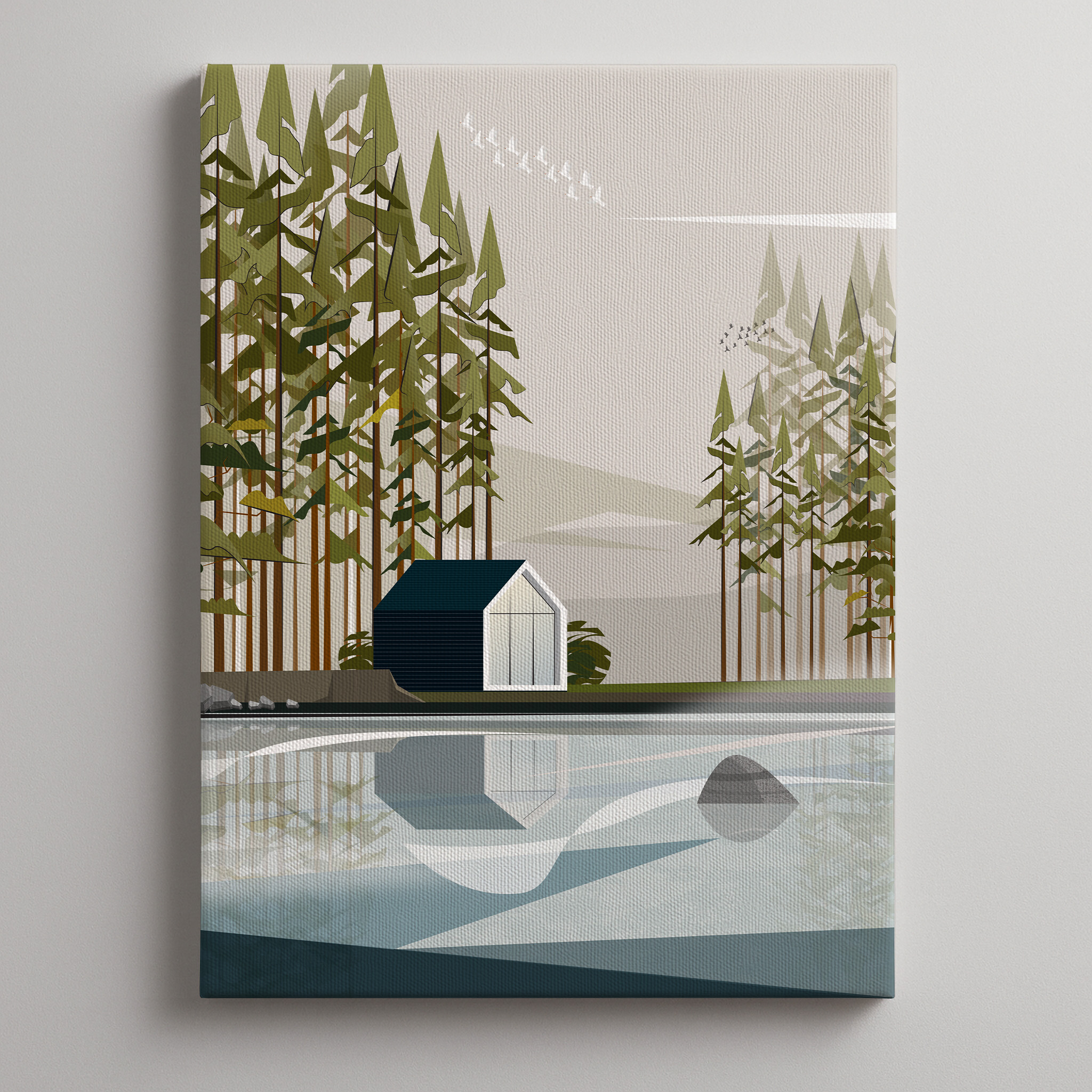 Art print kućica pored jezera, beg iz grada, mirna priroda, dekor za dom