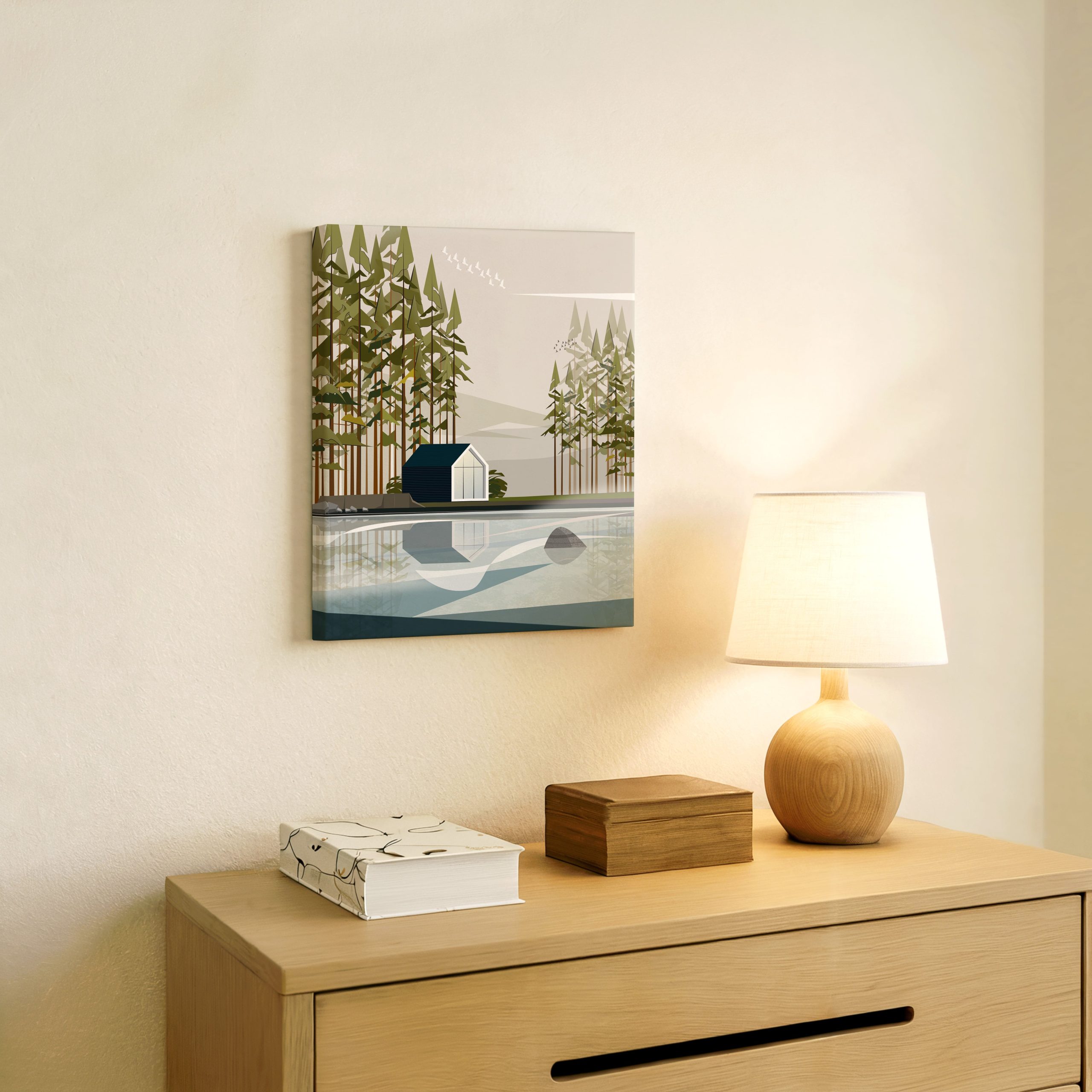 Art print kućica pored jezera, beg iz grada, mirna priroda, dekor za dom